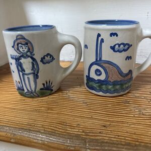 Set of Two M.A. Hadley Pottery Farmer & Fish Whale Coffee Mugs THE END, Low Tide